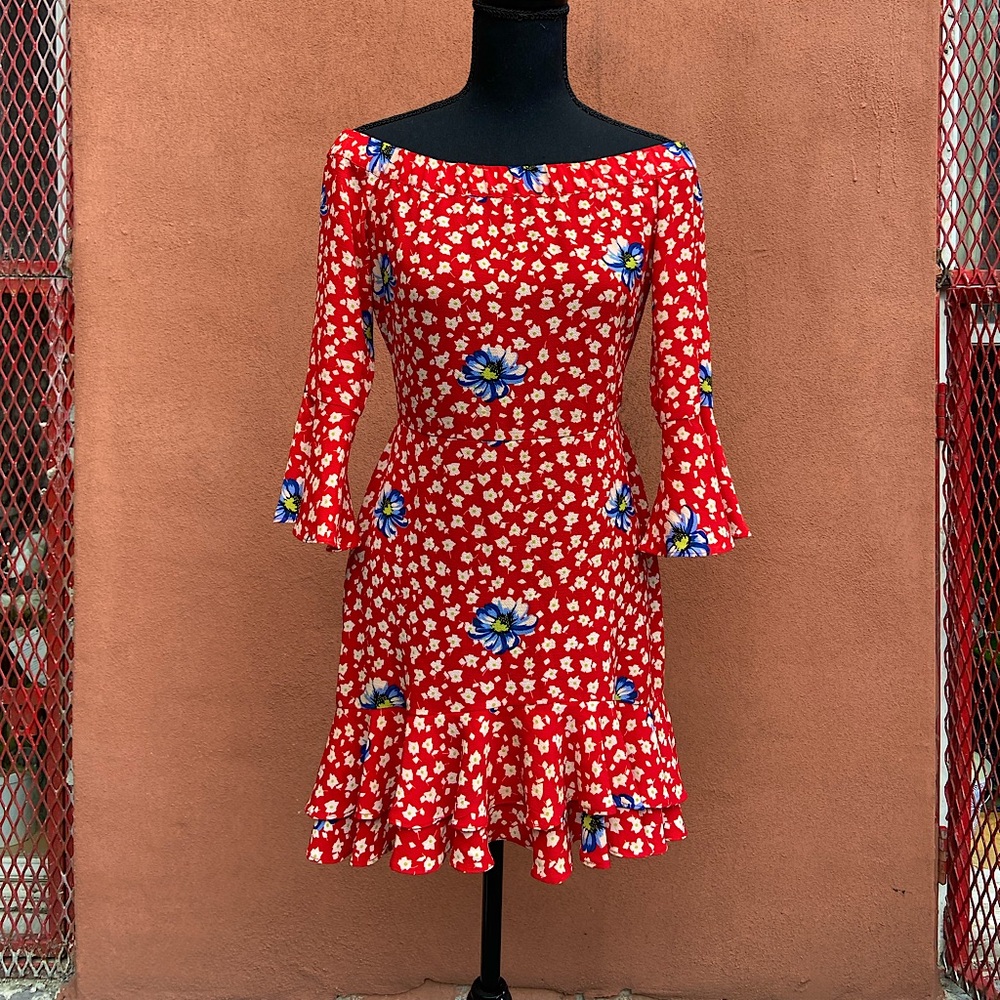 Flirty & Fun Red Floral Off Shoulder Mini Dress